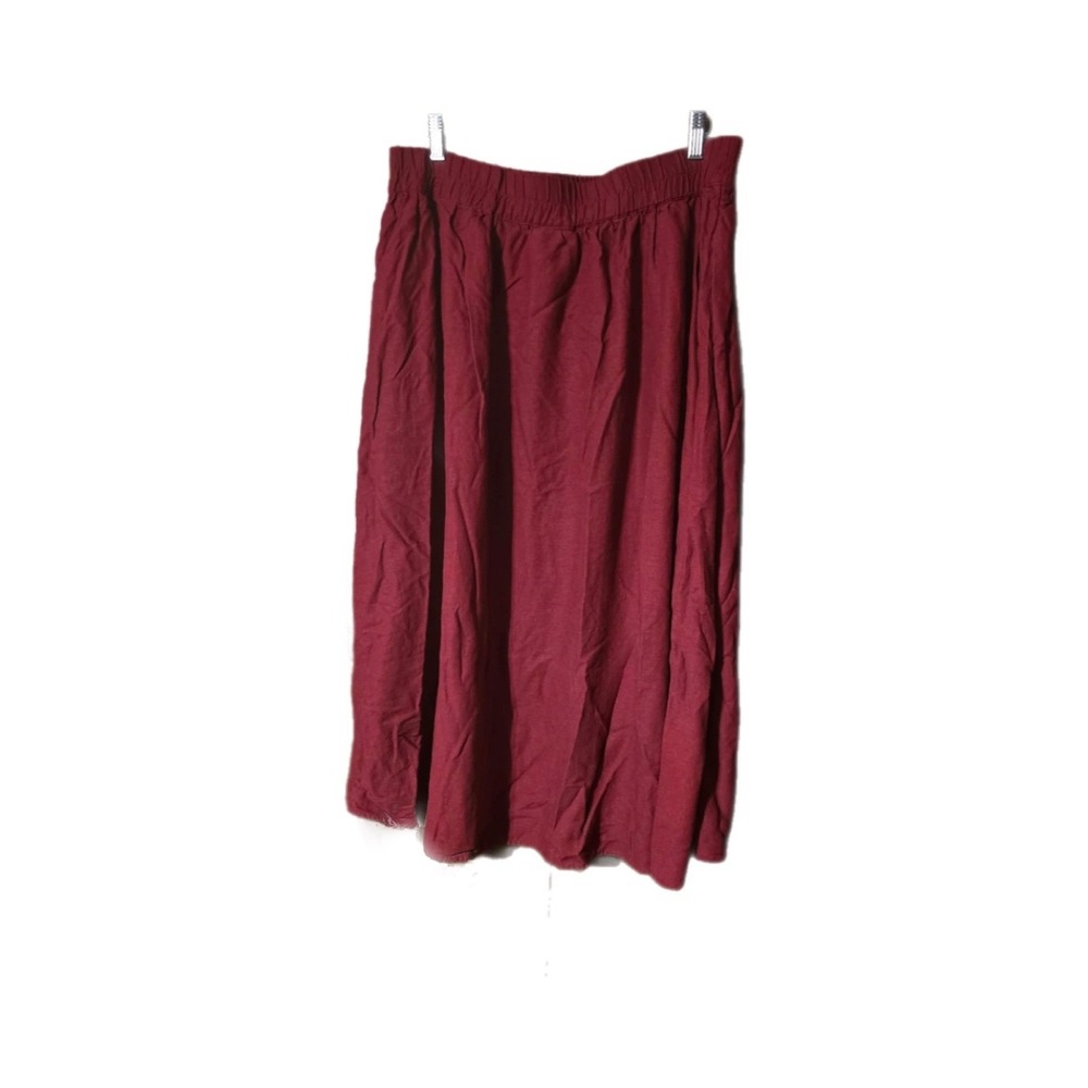 A New Day Midi Skirt Womens XL Burgundy Excellent Linen Blend Elastic Waist Slit